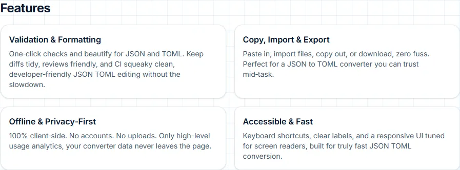 Feature tray showing Jsonberry converter actions for validation, formatting, and copying output